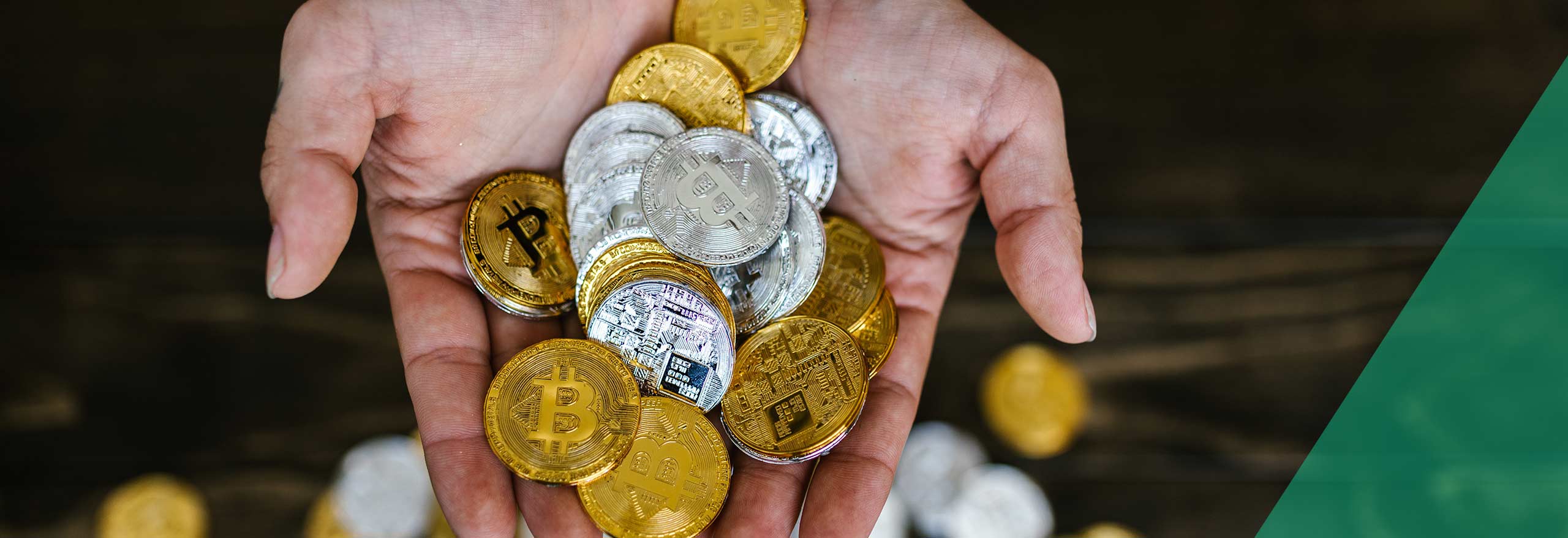 Deux mains débordent de pièces de crypto-monnais, bitcoin, ethereum, blockchain